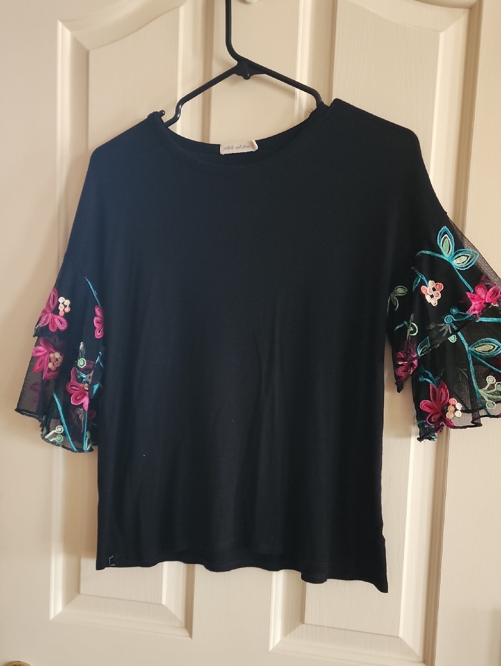 Embroidered Flutter Sleeve Black Top - Women's